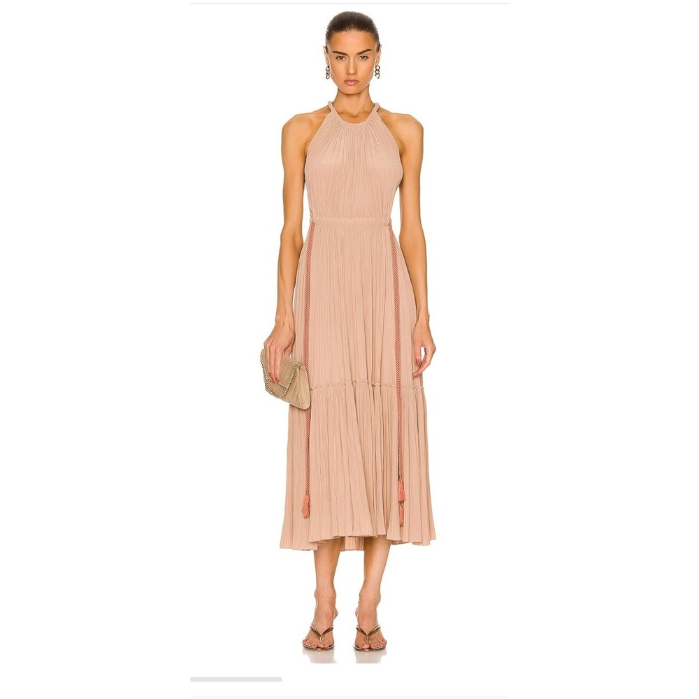 A.L.C. Ella Dress 6 Tan Pleated Halter Rope Tassel Midi Grecian Glam Boho Chic